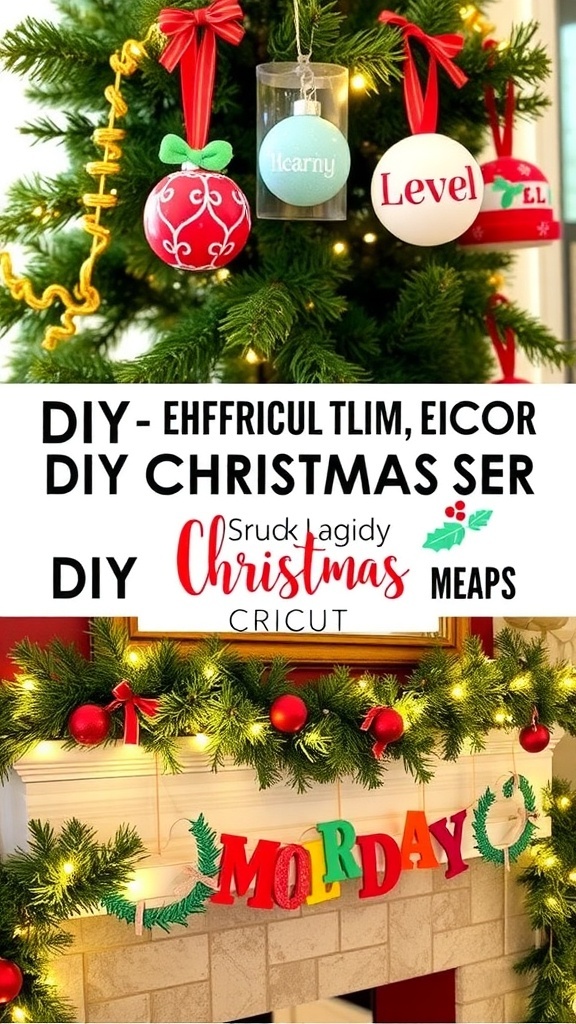 A collection of DIY Christmas decorations including ornaments, a sign, and a garland, showcasing creativity and holiday spirit.